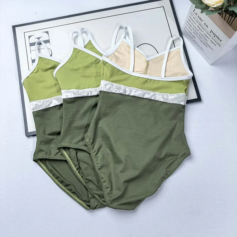 Front and back views of green color-block ballet leotards laid flat