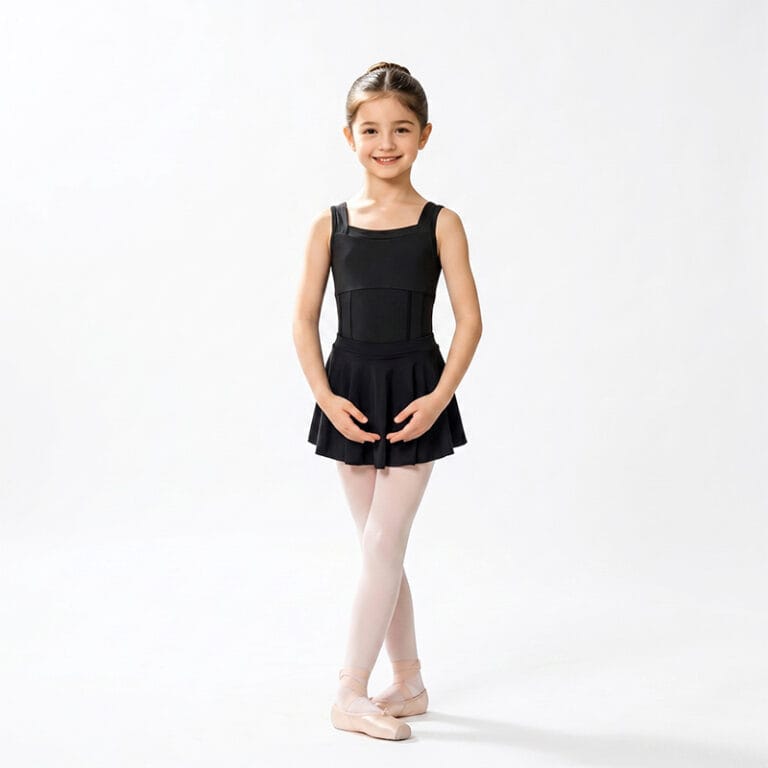 Child wearing a black tank ballet leotard with a matching short skirt