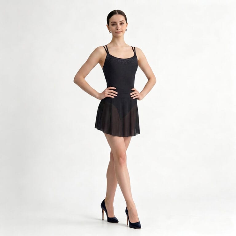 Black rhinestone ballet dress with a sheer skirt and narrow straps